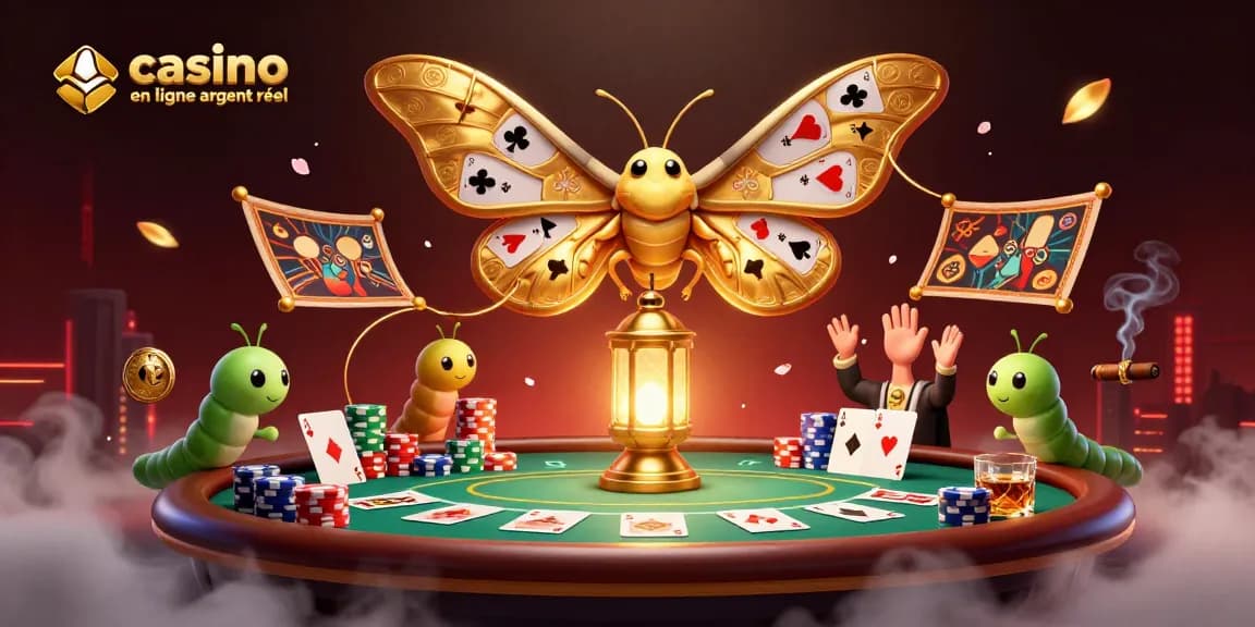 Illustration vibrante de casino en ligne argent réel avec un papillon mâle et des éléments de poker.