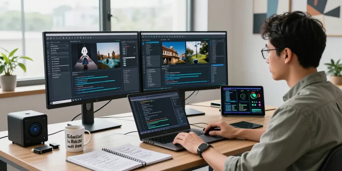 AI image detector workspace featuring a data scientist analyzing algorithms for detecting AI-generated images.