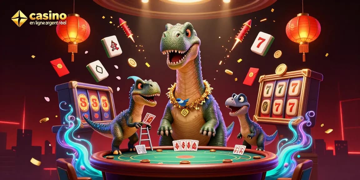 Jouer au casino en ligne argent réel avec un brontosaure et des éléments festifs dans une scène animée