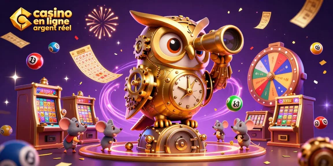 Jouez sur un casino en ligne argent réel avec l'illustration dynamique d'une chouette dorée surveillant des machines à sous.