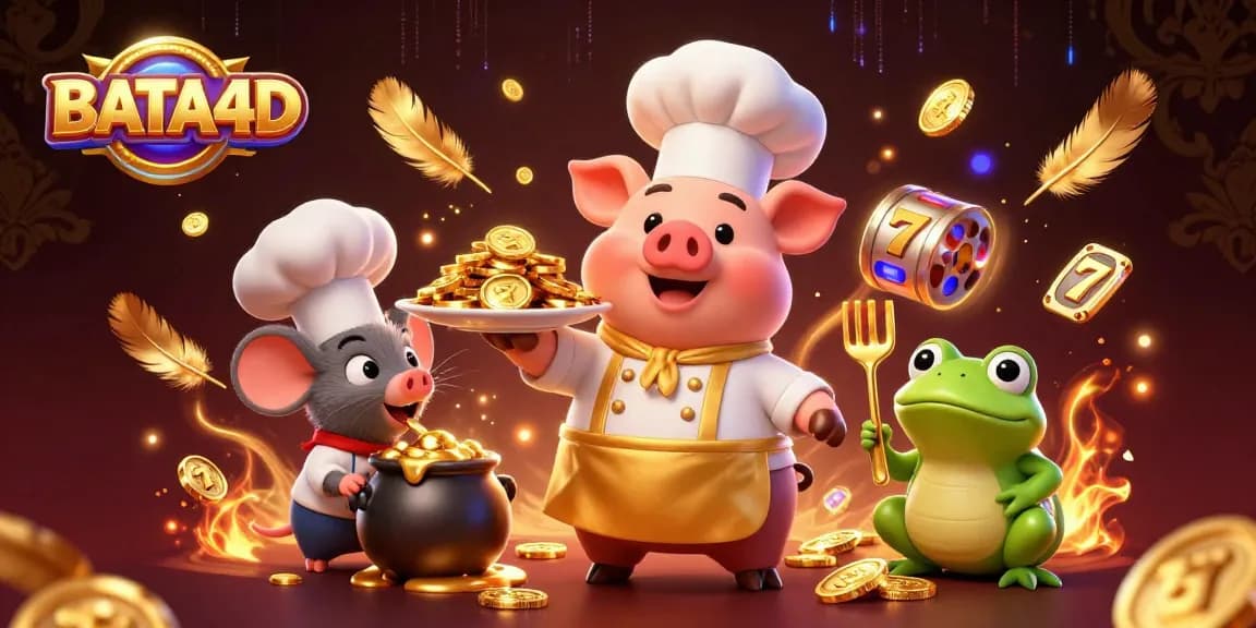 BATA4D showcases a chef pig presenting gold coins as gourmet dishes in an animated casino scene.