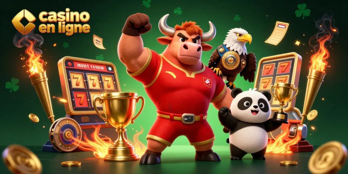 Vivez l'excitation du casino en ligne avec notre mascotte triomphante et des jeux dynamiques autour.