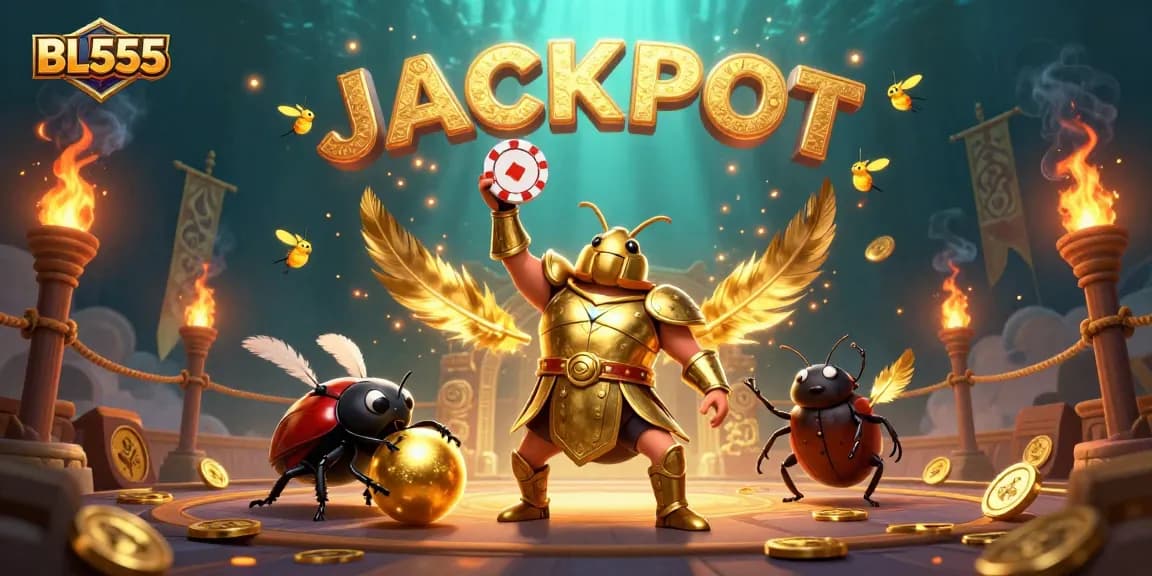 Experience the excitement of BL555 with a victorious beetle lifting poker chips in a rich, dynamic casino scene.