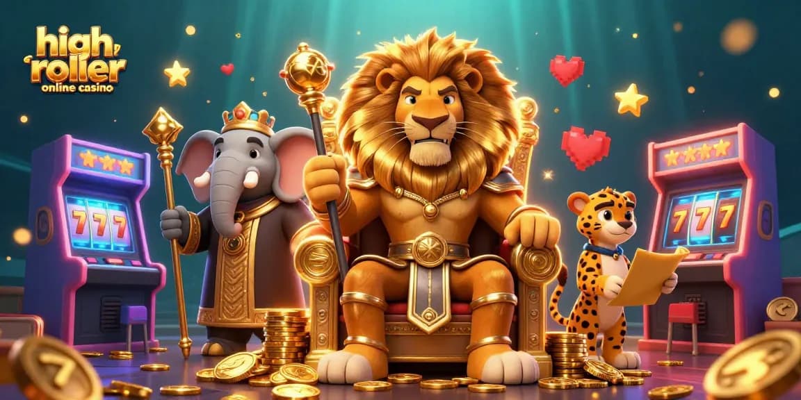 Experience the thrill of a high roller online casino with a lion king, elephant advisor, and cheetah messenger in a vibrant scene.