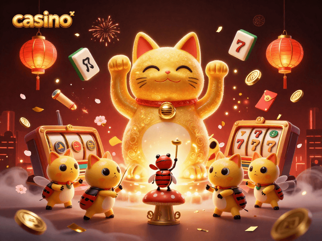 Win big at the casino with a vibrant scene showcasing a lucky cat and casino symbols.