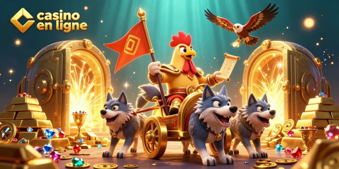Gérez vos gains au casino en ligne avec une scène dynamique de trésors et personnages 3D captivants.