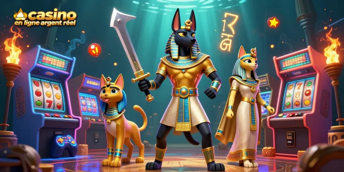 Illustration dynamique de casino en ligne argent réel avec Anubis et Bastet entourés d'éléments de jeux.