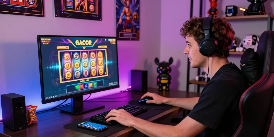 Engaged player enjoying a slot gacor online game in a vibrant home office environment.