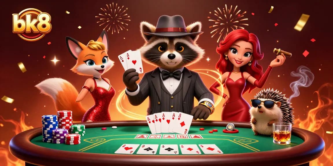 Experience thrilling poker action with bk8 as our cartoon raccoon showcases a royal flush at the vibrant casino scene.