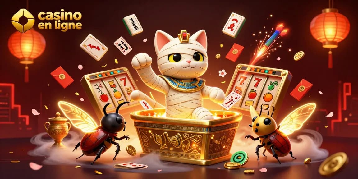 Jouez au casino en ligne avec cette illustration captivante d'une momie égyptienne et un scarabée dans un casino