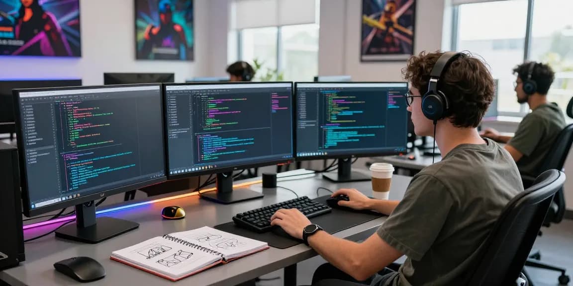 Programmer developing FiveM Qbcore Scripts in a vibrant gaming studio.