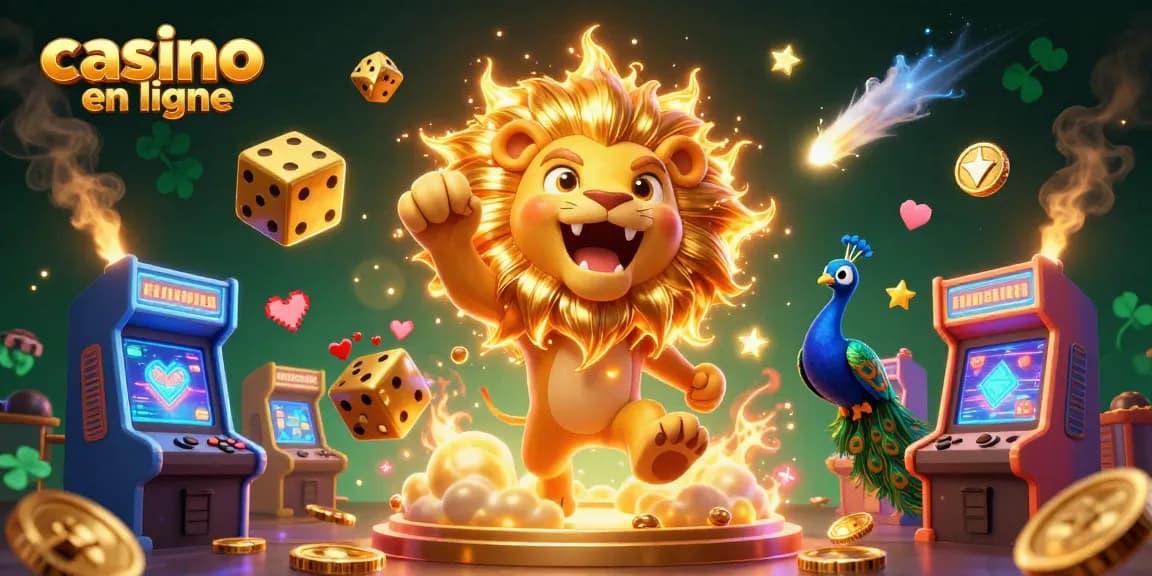 Jouez au casino en ligne avec un lion en 3D révélant des éléments de jeux et de chance, dans une illustration dynamique.