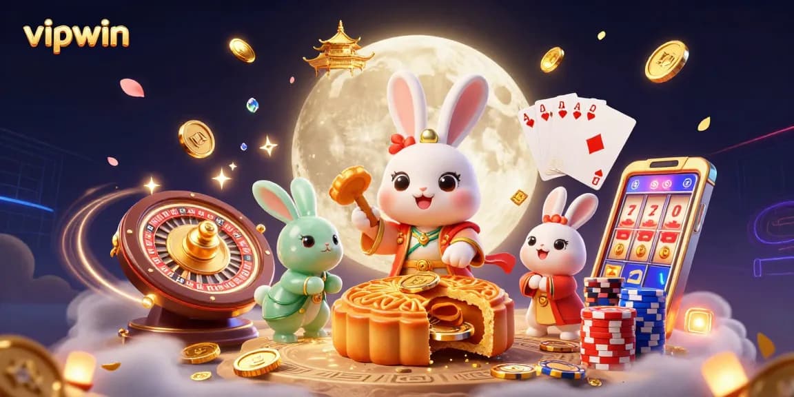 Join the exciting world of vipwin with a dynamic casino scene featuring cartoon characters, poker chips, and a roulette wheel.