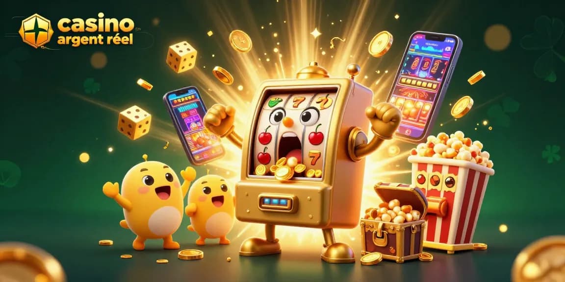 Casino en ligne argent réel : machine à sous animée remportant le jackpot avec éclats de pièces dorées.