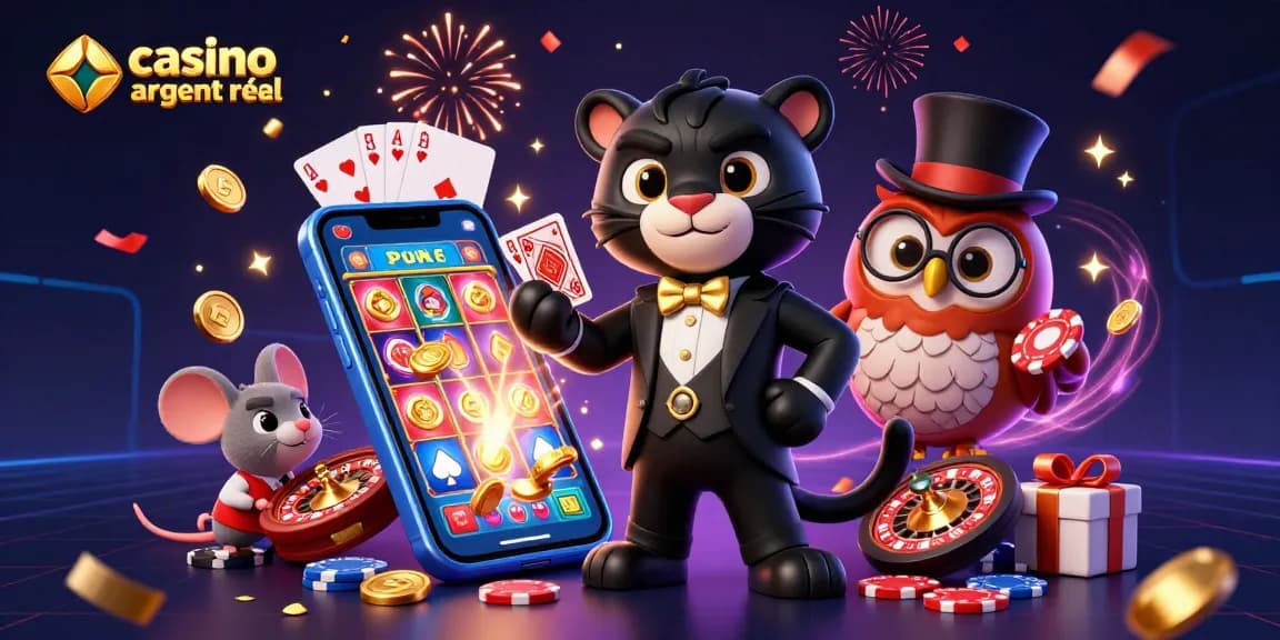 Jouer à casino en ligne argent réel avec des personnages stylés, des jetons et des cartes en décor.