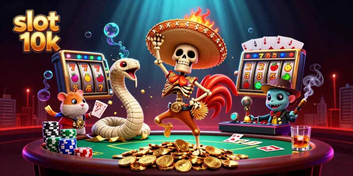 Exciting scene showcasing slot 10k with a vibrant skeleton rooster, mummy snake, and DJ hamster amidst casino elements.