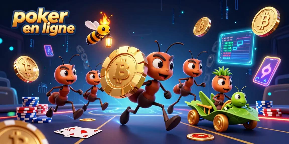 Jouez au poker en ligne avec des équipes d'ants transportant des jetons d'or dans un monde numérique vibrant.