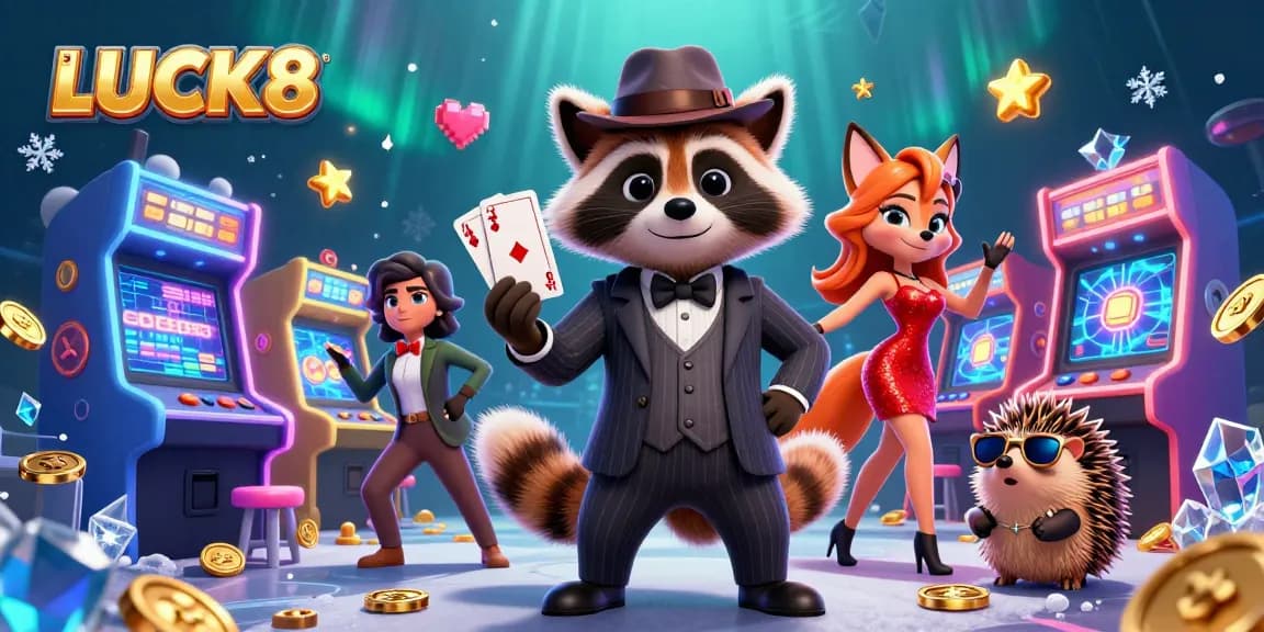Experience exciting gaming moments with LUCK8 as animated characters celebrate a royal flush in a vibrant casino.