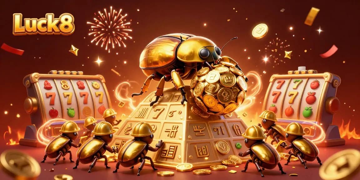 Experience the excitement of Luck8 with our vibrant casino-themed illustration featuring golden beetles and slot elements.