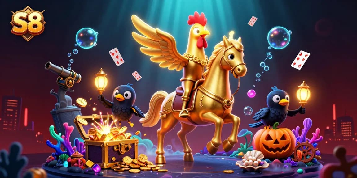 S8 players engage in a vibrant gaming experience, surrounded by dazzling animations and treasures.