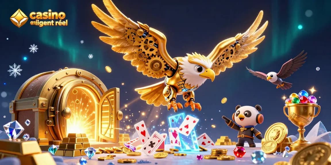 Découvrez une illustration de casino en ligne argent réel avec un aigle cybernétique dynamique et des éléments festifs.