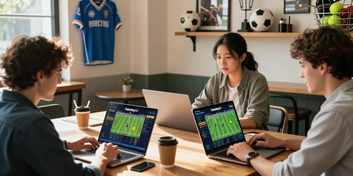 Users engaging in sports betting on Fairplay24 platform in a vibrant setting with sporty ambiance.
