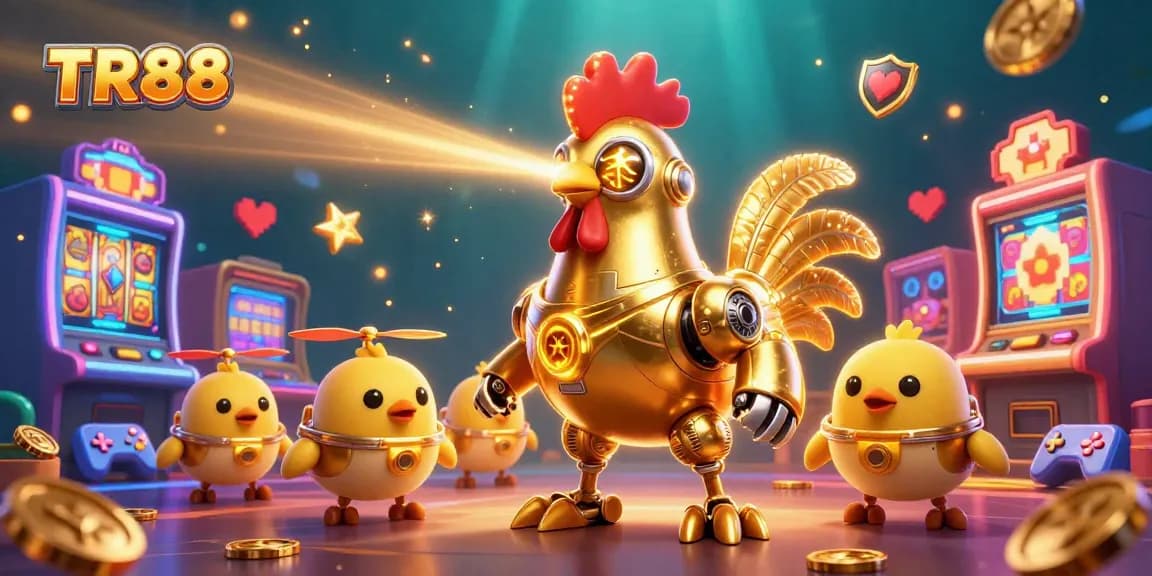 Engage with TR88's exciting online casino environment, featuring vibrant slot machines and a dynamic rooster robot.