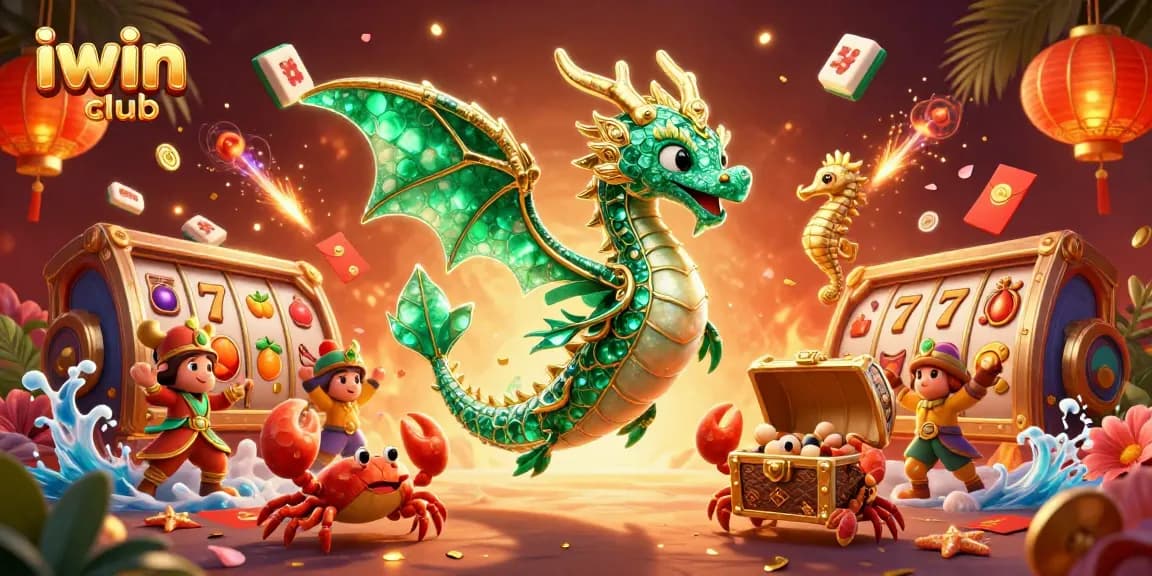 Experience the thrill of iwin club with a vibrant 3D casino scene showcasing slots, treasures, and magical creatures.
