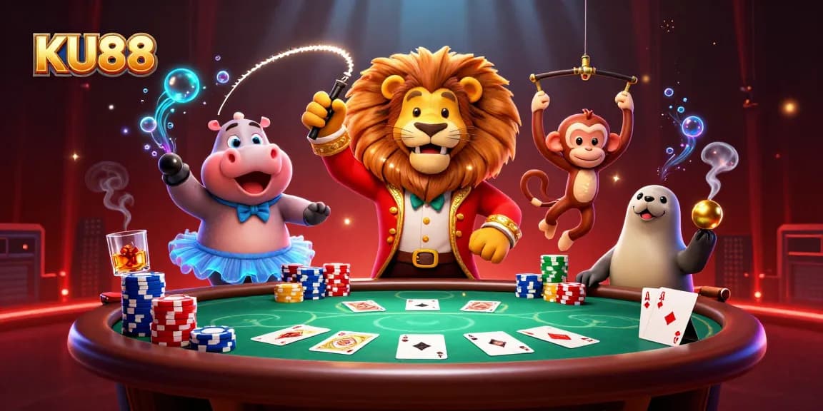 Experience thrilling bets at KU88 with a vibrant circus scene showcasing gaming excitement and action.