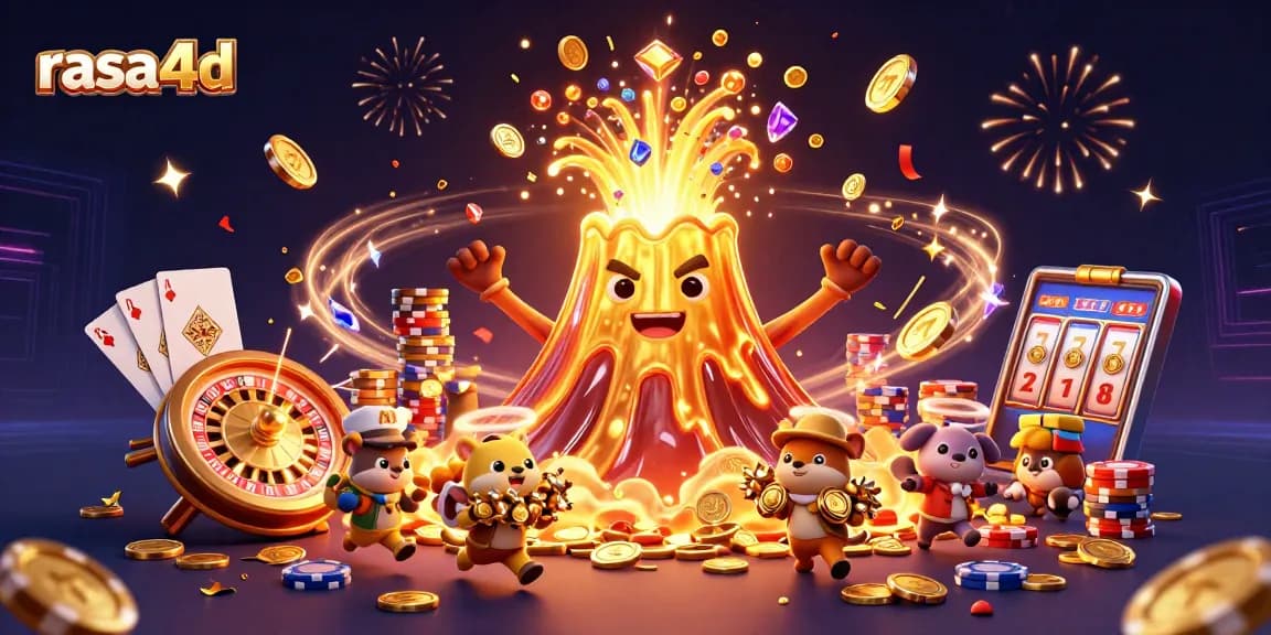 Win big with rasa4d as the golden volcano erupts coins and gems in a thrilling casino scene.