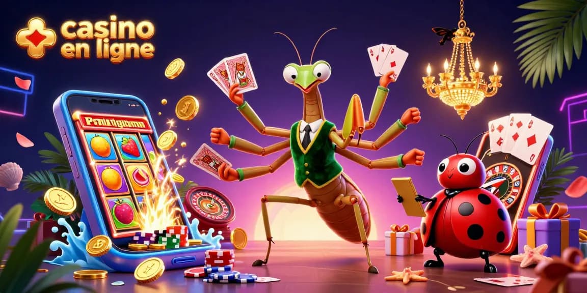 Découvrez notre illustration de casino en ligne avec un camouflage coloré et des personnages animés en action.