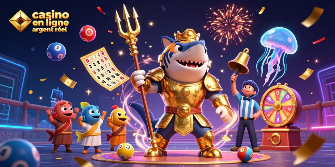 Plonger dans le monde du casino en ligne argent réel avec un requin-tigre 3D en armure dorée, vibrant et dynamique.