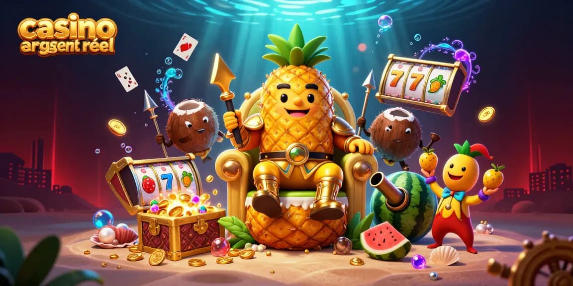 Immergez-vous dans l'univers du casino en ligne argent réel avec ce roi ananas 3D et ses gardes inspirants.
