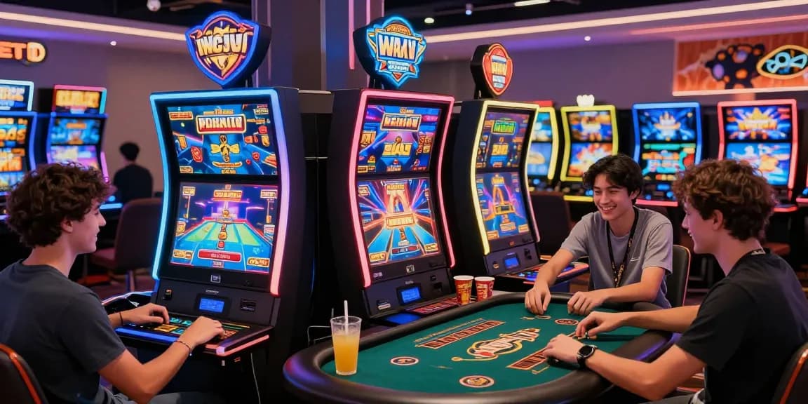Engaging scene of young players enjoying 68gamebai in a lively online casino atmosphere