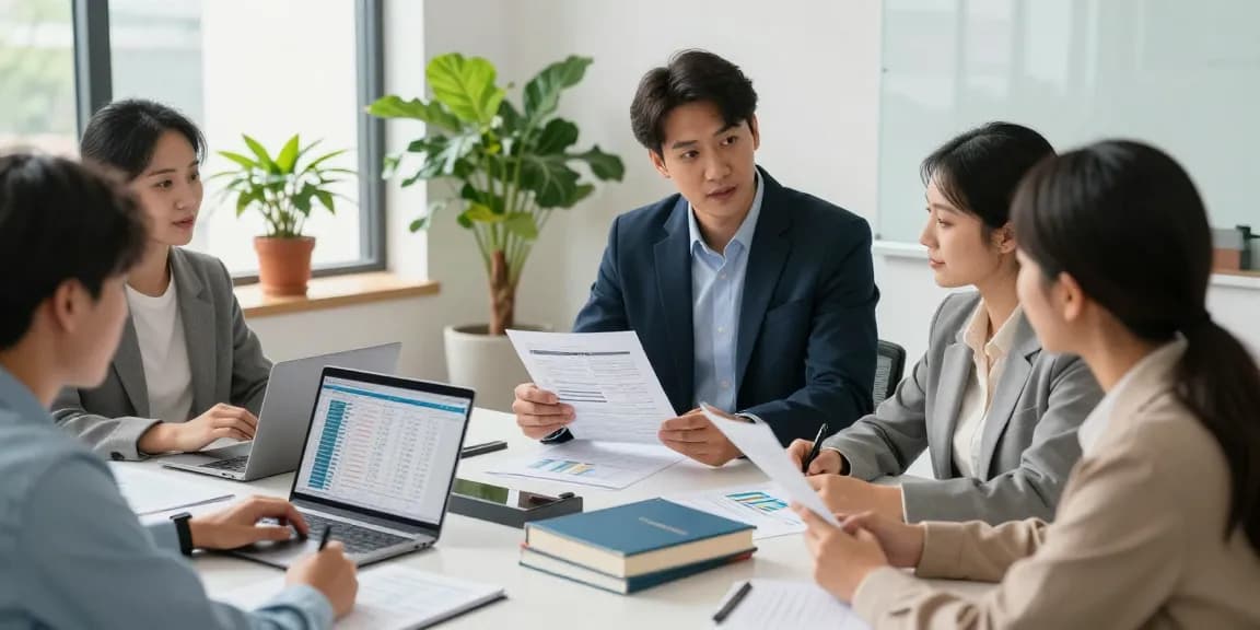 Property tax consultant assisting landlords in a modern office environment, discussing tax documents and strategies.
