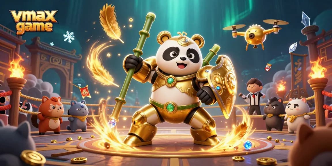 Engage in the action of vmax game with a vibrant 3D illustration of a mech-suit panda in a bustling betting arena.