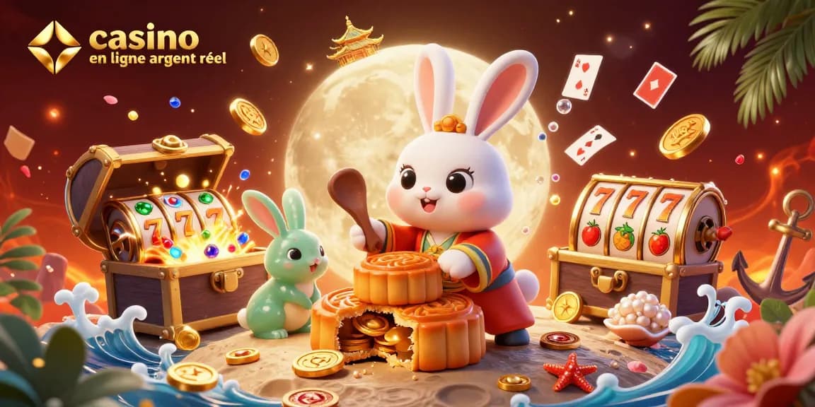 Jouer à des jeux de casino en ligne argent réel avec une illustration de lapin lunaire et des jetons de poker.