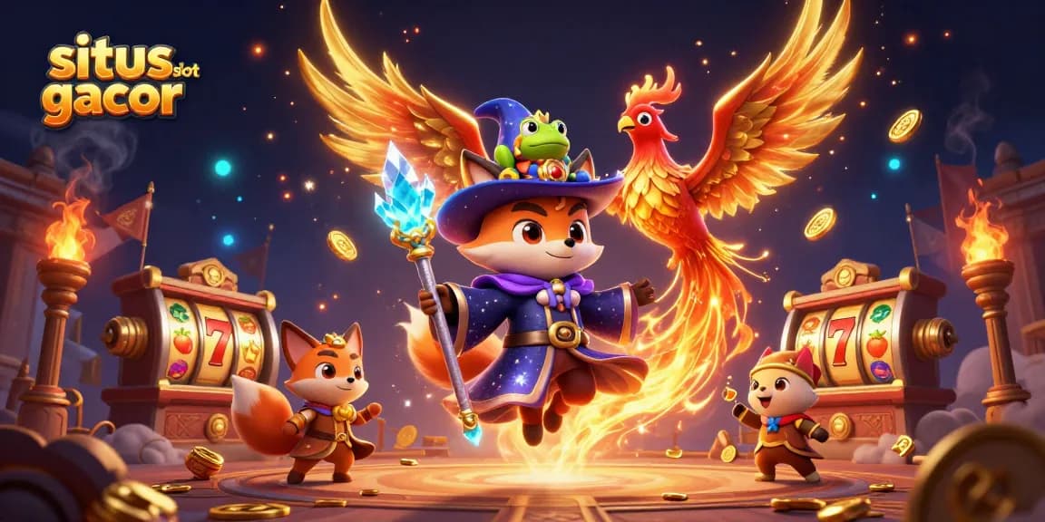 Engage with situs slot gacor in a magical scene featuring a wizard fox, phoenix, and rich casino elements.