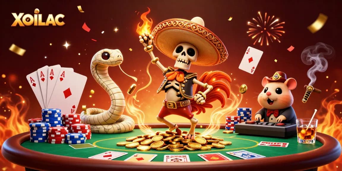 Experience the excitement of XOILAC with vibrant characters celebrating amidst a casino scene.