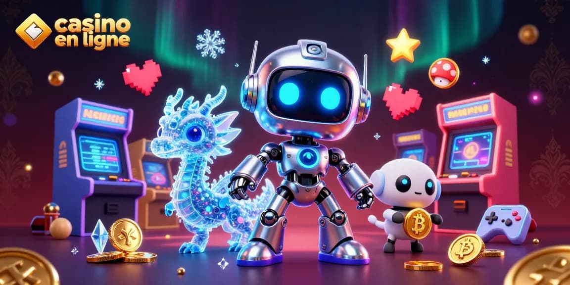 Profitez du casino en ligne avec l'illustration colorée montrant des jeux et des personnages numériques.