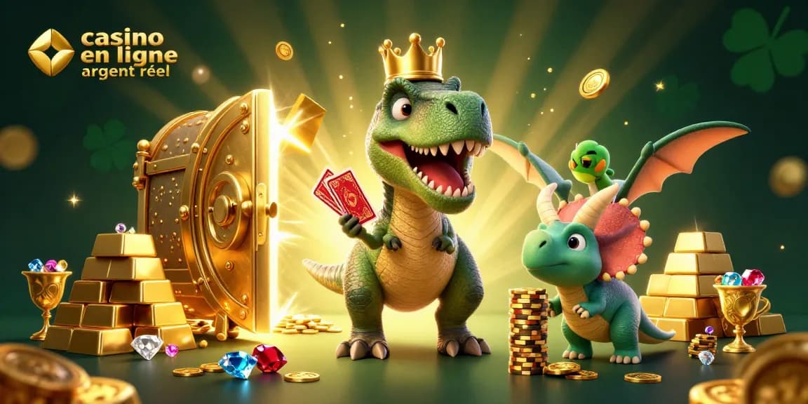 Casino en ligne argent réel avec un T-Rex jouant aux cartes entouré de trésors en or.