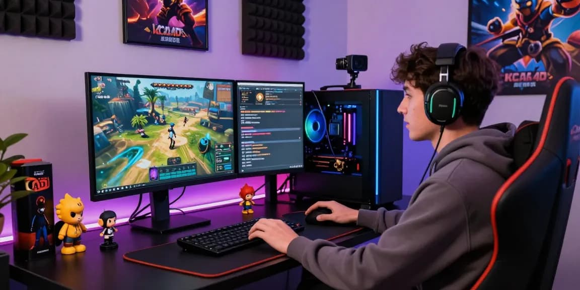 Engaged gamer in a vibrant setup streaming kecak4d with dual monitors