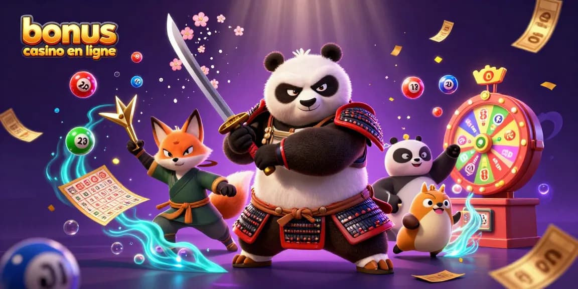 Bonus de casino en ligne : expérience de jeu immersive avec un panda samouraï et des éléments de loterie.