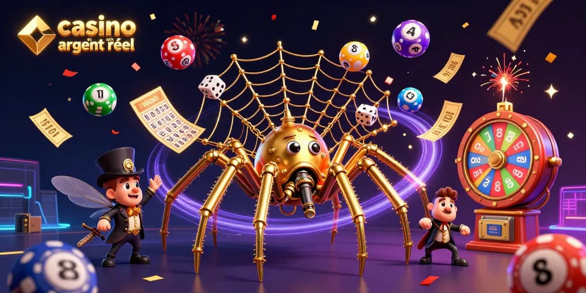 Jouer sur un casino en ligne argent réel tout en regardant une araignée dorée steampunk piéger des dés malchanceux.