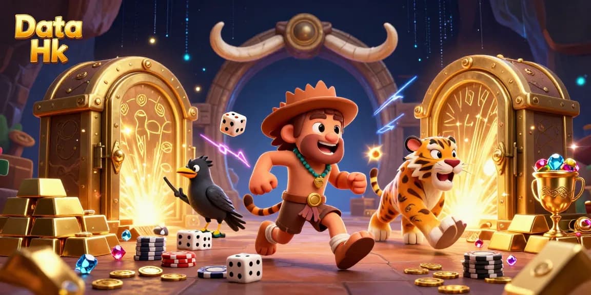 Place bets with Data Hk in a vibrant prehistoric casino scene filled with gold and treasures.