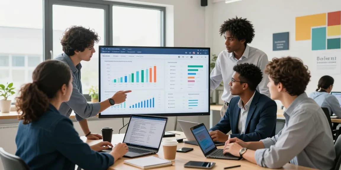 Visit website analytics with a team in a modern office analyzing data trends.