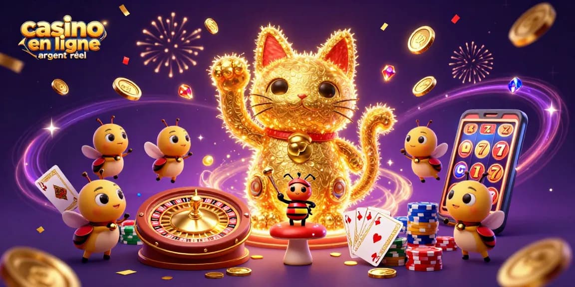 Célébrez le jeu sur casino en ligne argent réel avec des symboles et des pièces en or scintillantes.