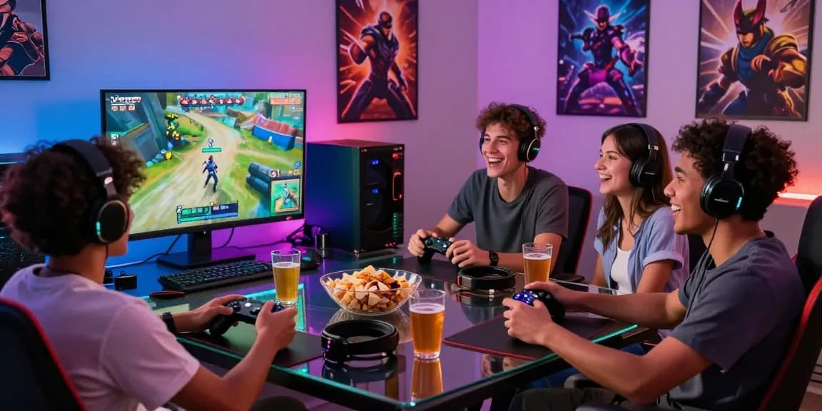 Friends enjoying indocair gaming experience together in a vibrant room.