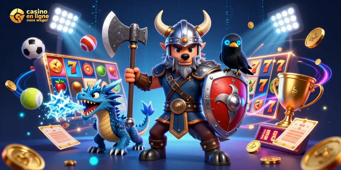 Découvrez l'expérience du casino en ligne sans wager avec un guerrier viking, un dragon et un corbeau dans une illustration vibrante.