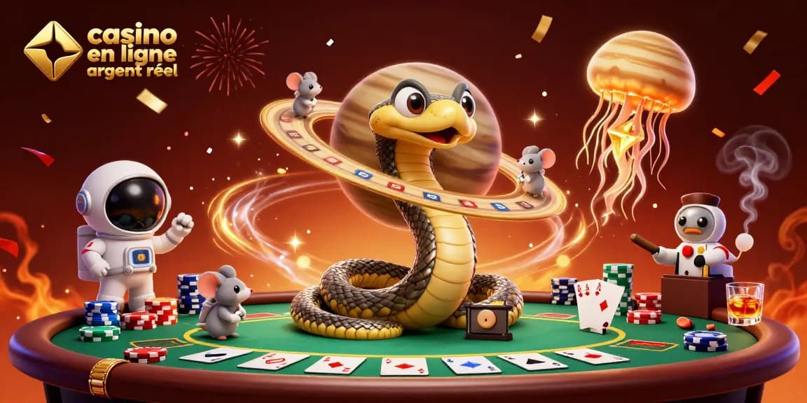 Une illustration 3D représentant le casino en ligne argent réel, où des souris astronautes parient sur les anneaux de Saturne.